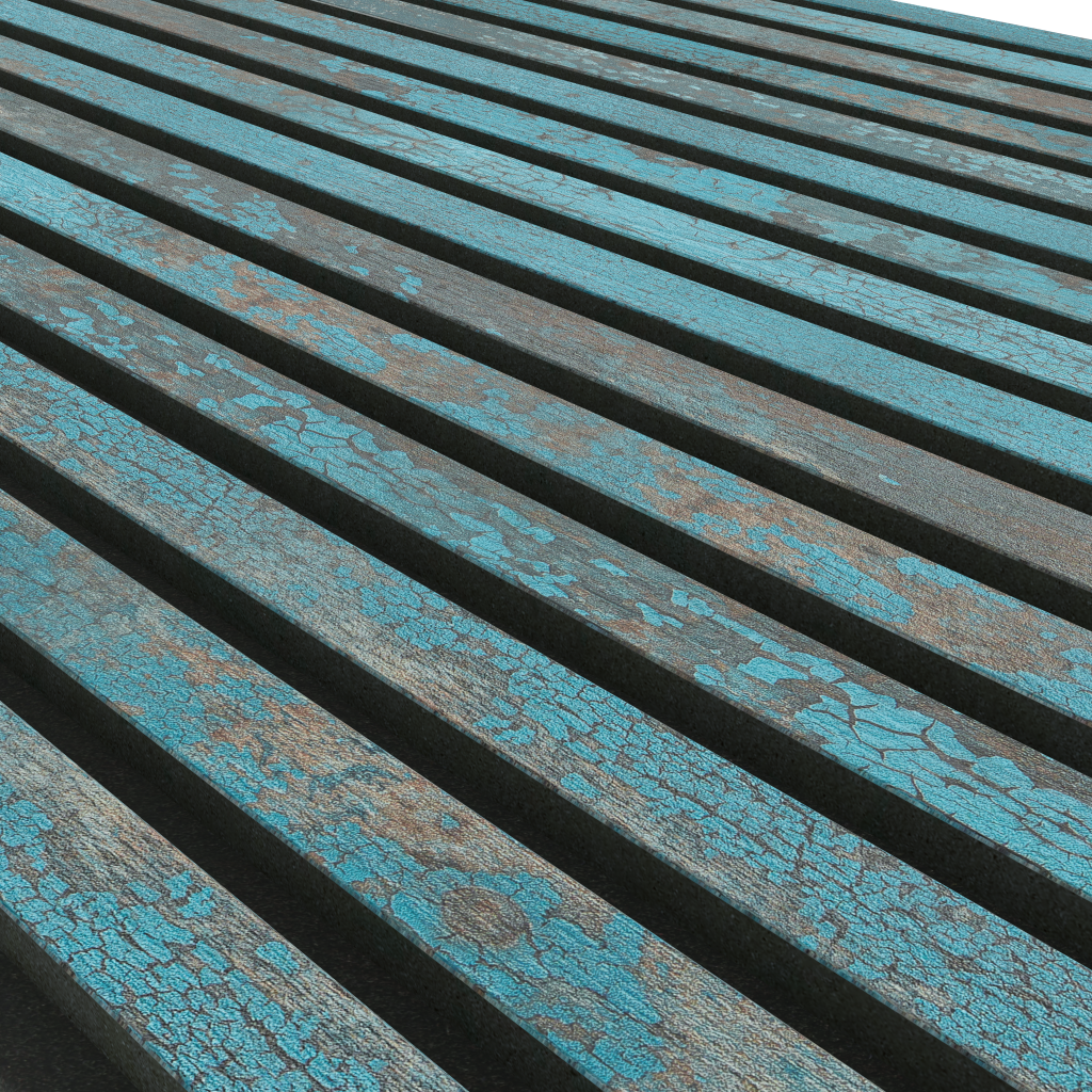 Primo piano dei pannelli acustici WoodUpp con una finitura artistica e invecchiata. I listelli di legno presentano una vernice blu scrostata e crepata che rivela il legno marrone sottostante, montati su un feltro nero acustico. Un look rustico e unico per i prodotti WoodUpp.