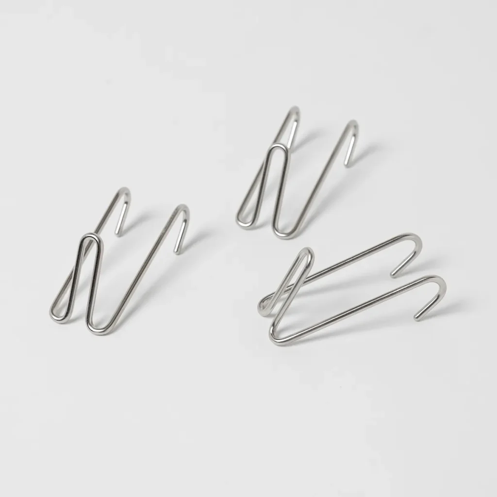 Immagine WoodUpp: tre ganci in filo d'acciaio inox color argento, dalla forma ondulata a "M", ciascuno con due estremità ad uncino, posati su sfondo bianco; design minimal e lucido, eleganti e compatti, ideali per appendere tazze o utensili leggeri domestici.