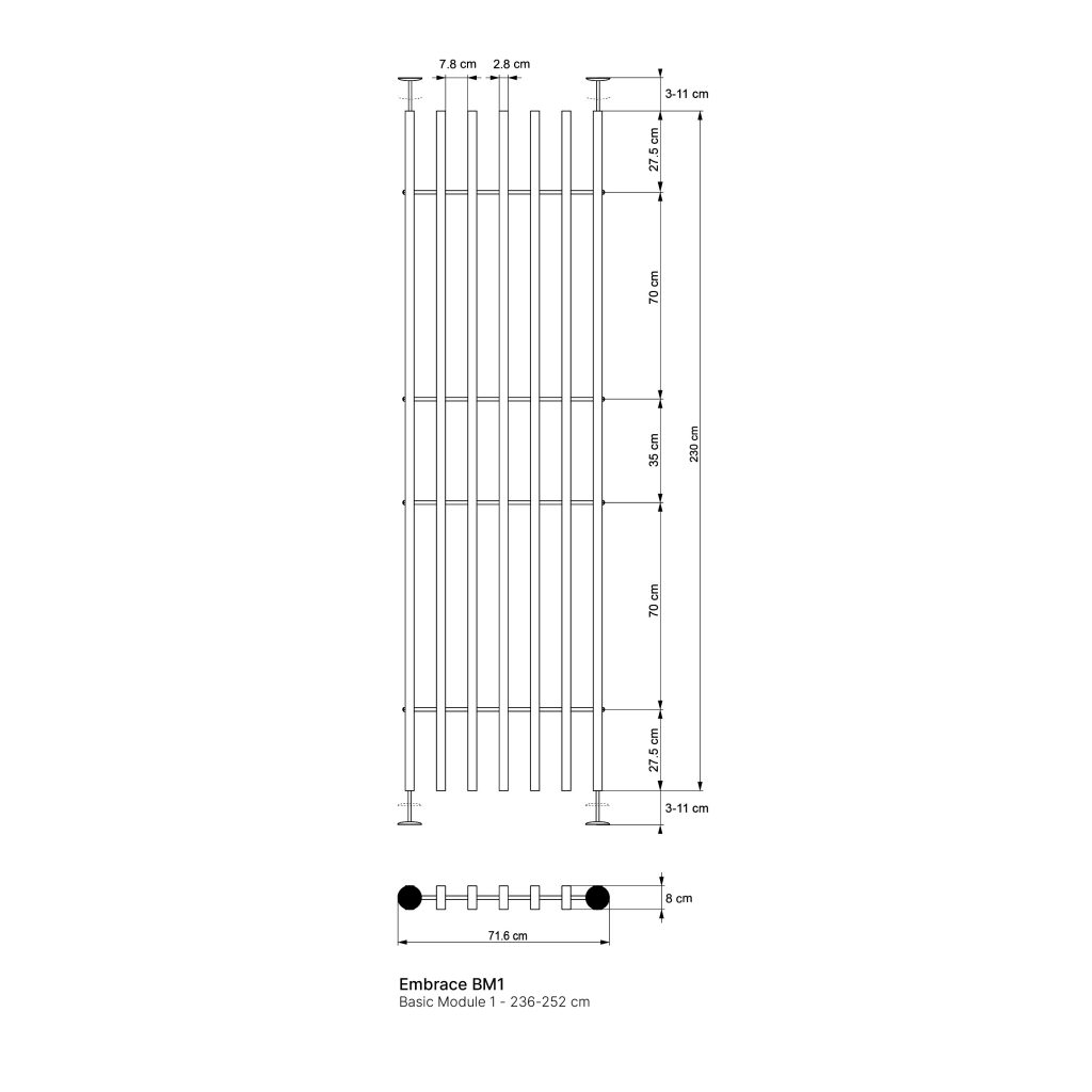 Disegno tecnico WoodUpp dell'Embrace BM1: modulo base di pannello verticale con sette listelli paralleli fissati a due montanti cilindrici, traverse orizzontali e piedini regolabili. Vista dall'alto mostra interasse 71,6 cm e dettagli dimensionali (altezza 236–252 cm, spessori e distanze marcate).