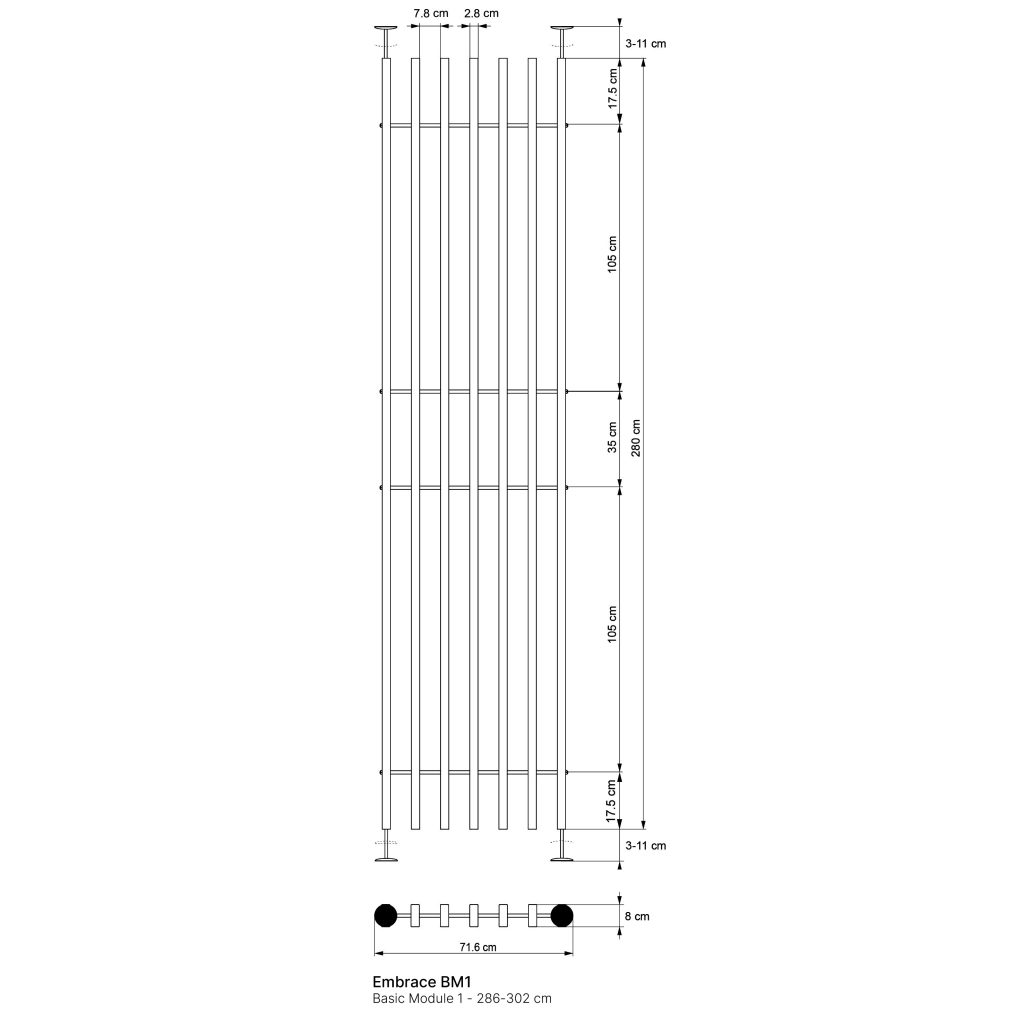 Disegno tecnico WoodUpp del modulo Embrace BM1: pannello modulare alto regolabile (286–302 cm) composto da sette stecche di legno verticali (spessore 2,8 cm, passo 7,8 cm) unite da traverse orizzontali e sostenute da pali a pressione regolabili con piastre rotonde, base 71,6 cm.