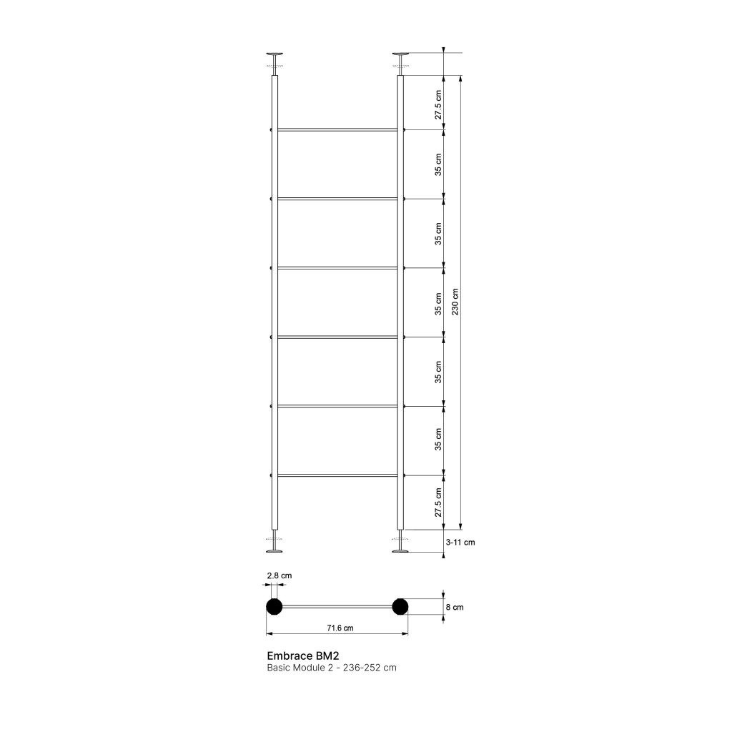Schema tecnico WoodUpp del modulo base Embrace BM2: due montanti verticali telescopici con piastre di ancoraggio e sette traverse orizzontali per ripiani, quote indicate (interassi ~35 cm), larghezza 71,6 cm e altezza regolabile 236–252 cm; sezione e diametro montante (2,8 cm) mostrati.
