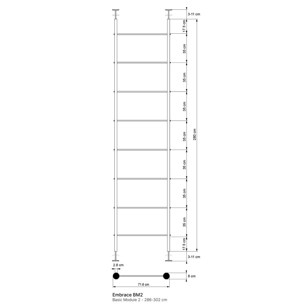 Disegno tecnico WoodUpp Embrace BM2: modulo base telescopico a due montanti per parete/soffitto, con sette ripiani orizzontali e piastre di appoggio superiore/inferiore. Indicazioni dimensionali visibili (altezza 286–302 cm, interassi 35 cm, larghezza 71,6 cm) e regolazioni 3–11 cm per scaffalatura modulare.